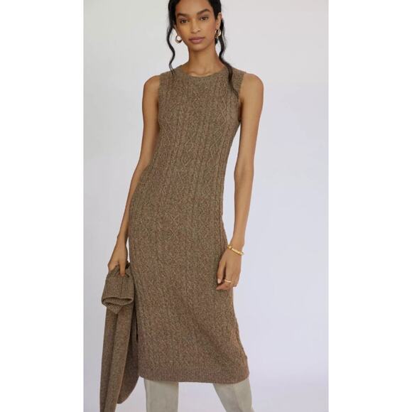 Anthropologie Cable knit Midi Sweater Cream Tan Dress Cardigan Set Medium - Picture 5 of 7